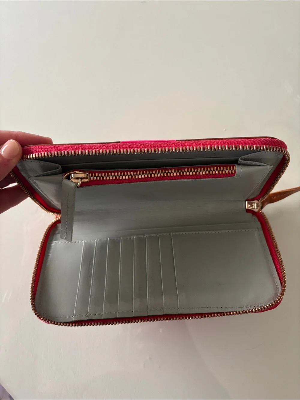 Clare V Brown Leather Zip Wallet with Bright Pink Center Stripe